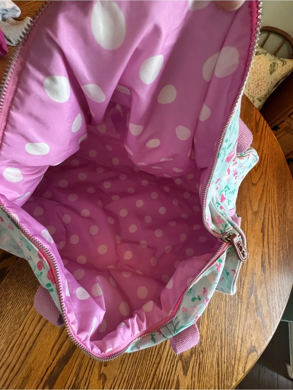 Matilda Jane Mint Floral Sleepover Duffel Bag with Pink Polka Dot Straps